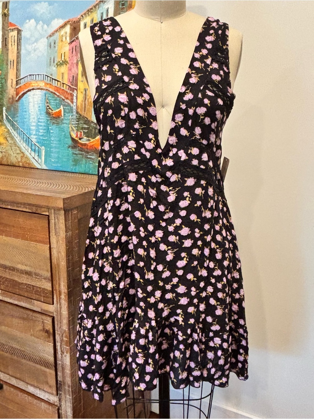Free People Black Dress with Lilac Floral Print and Deep V
